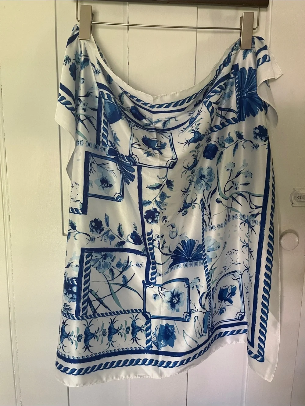 Anthropologie Blue and White Floral Silk Scarf